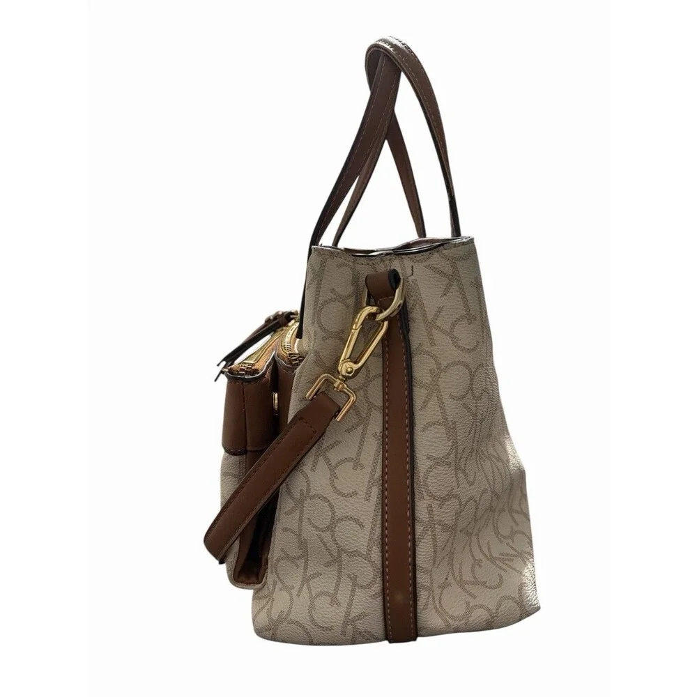 Calvin‎ Klein Signature Monogram Satchel Crossbody Beige Brown Zip Bag